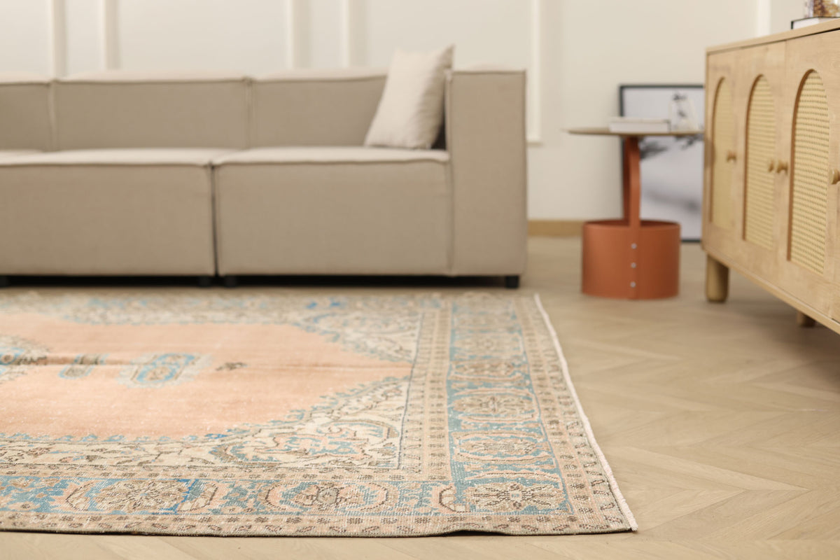 Vintage Isparta Turkish Area Rug 7x10 ft — Orange & Blue Floral