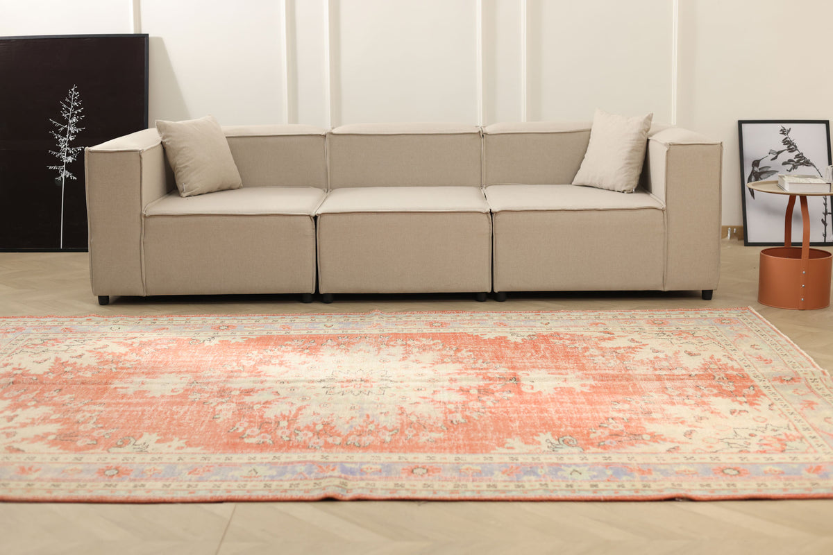 Vintage Manisa Turkish Area Rug 7x10 ft — Red & Beige Floral
