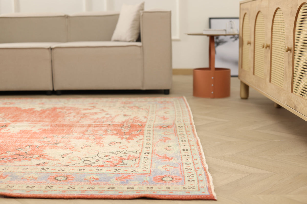 Vintage Manisa Turkish Area Rug 7x10 ft — Red & Beige Floral