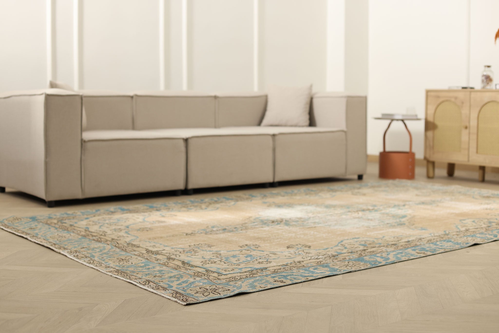 Vintage Isparta Turkish Area Rug 6x11 ft — Beige & Blue Floral