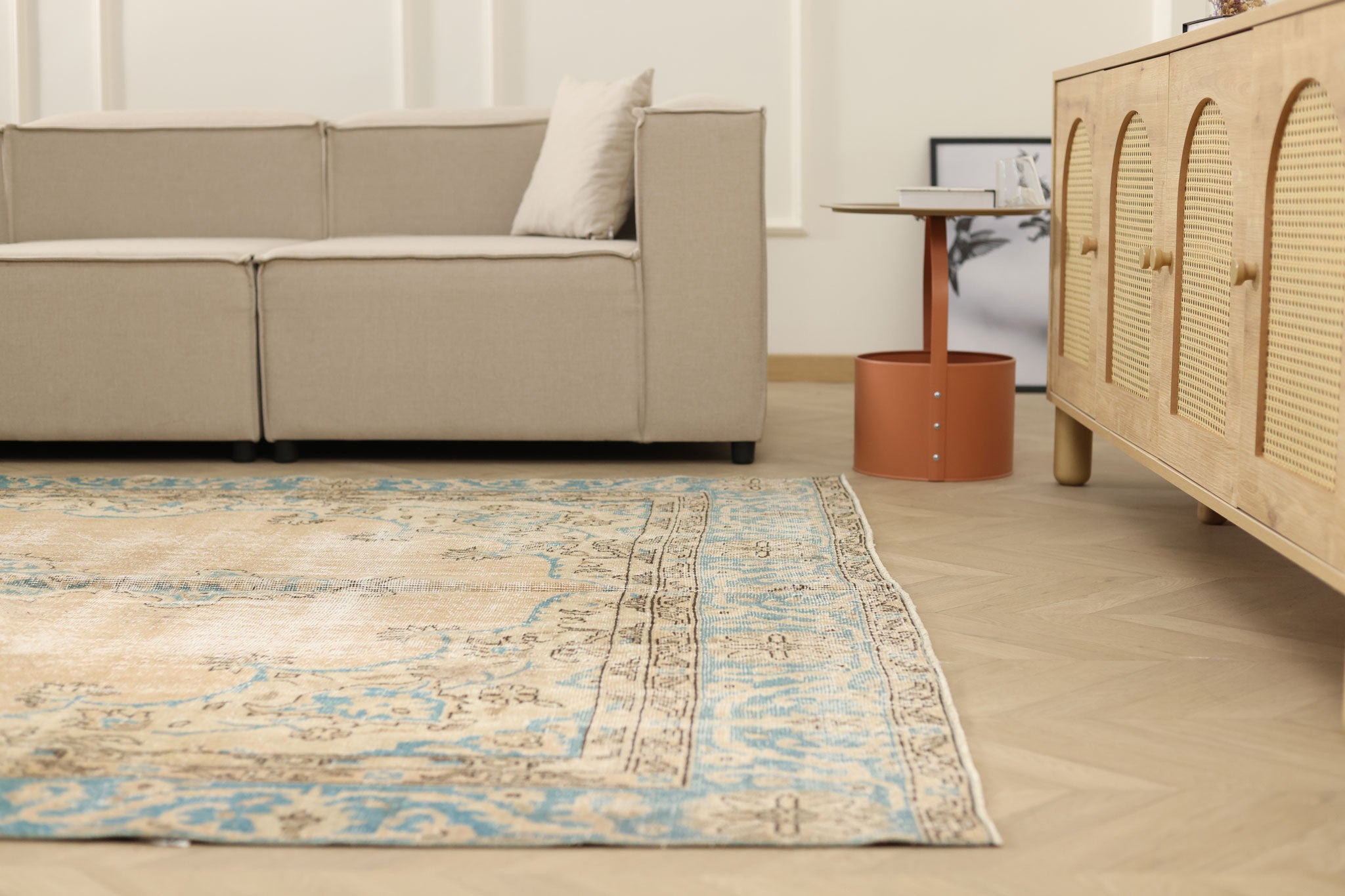 Vintage Isparta Turkish Area Rug 6x11 ft — Beige & Blue Floral