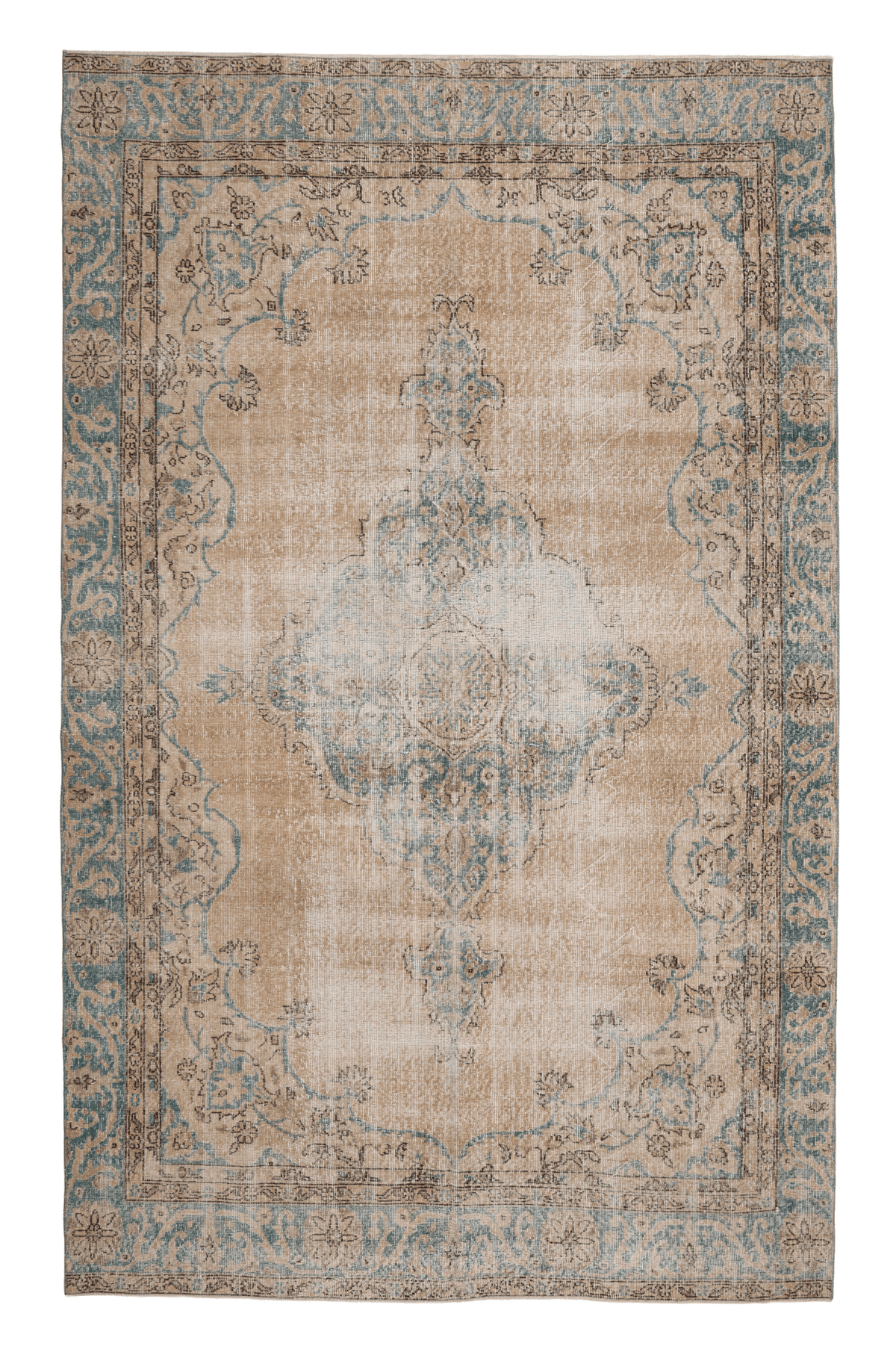 Vintage Isparta Turkish Area Rug 6x11 ft — Beige & Blue Floral