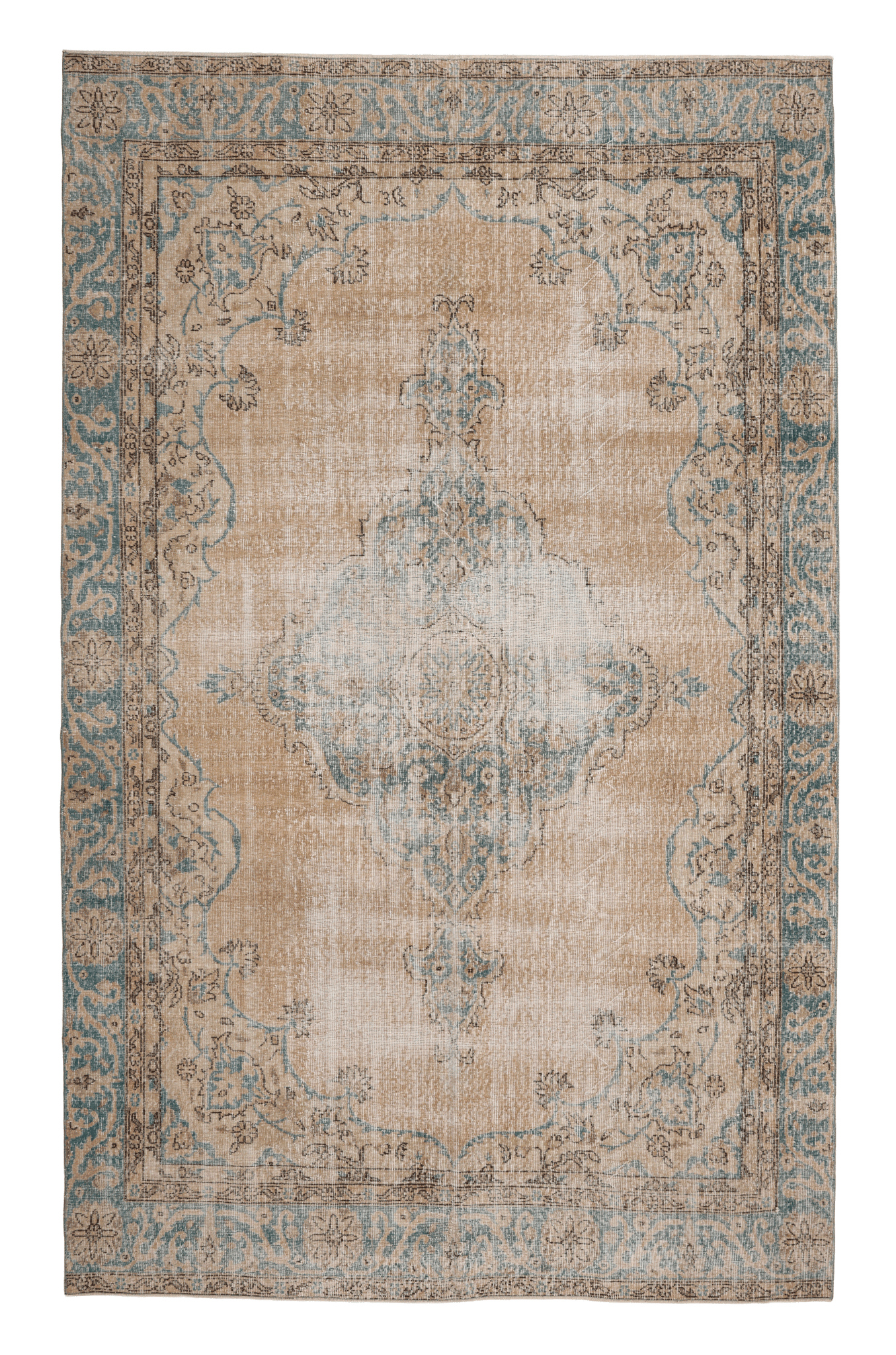 Vintage Isparta Turkish Area Rug 6x11 ft — Beige & Blue Floral