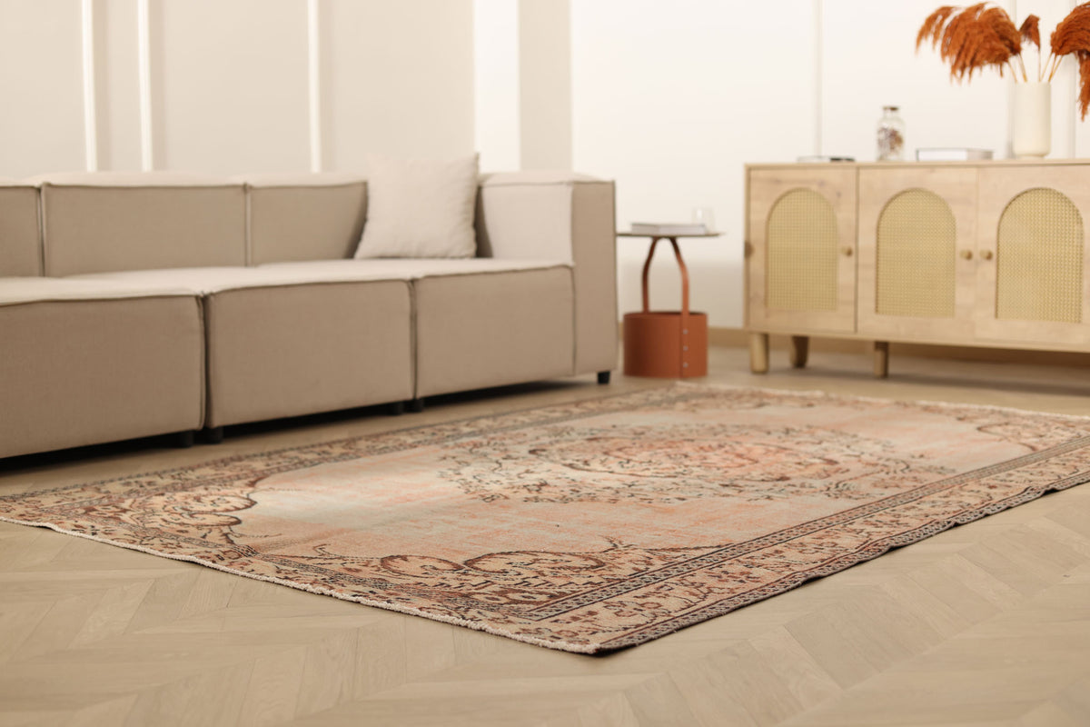 Vintage Manisa Turkish Area Rug 6x8 ft — Orange & Gray Distressed