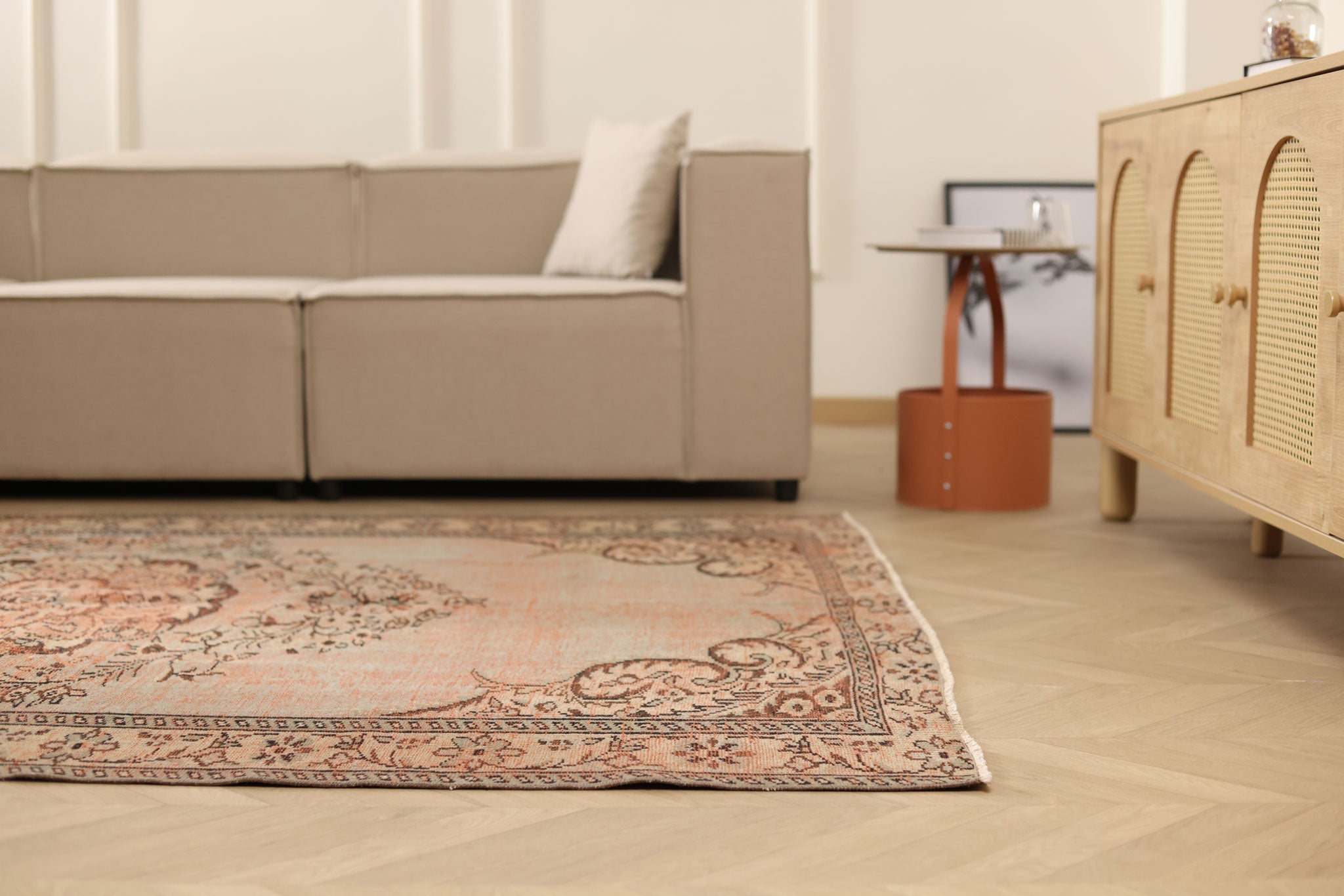 Vintage Manisa Turkish Area Rug 6x8 ft — Orange & Gray Distressed