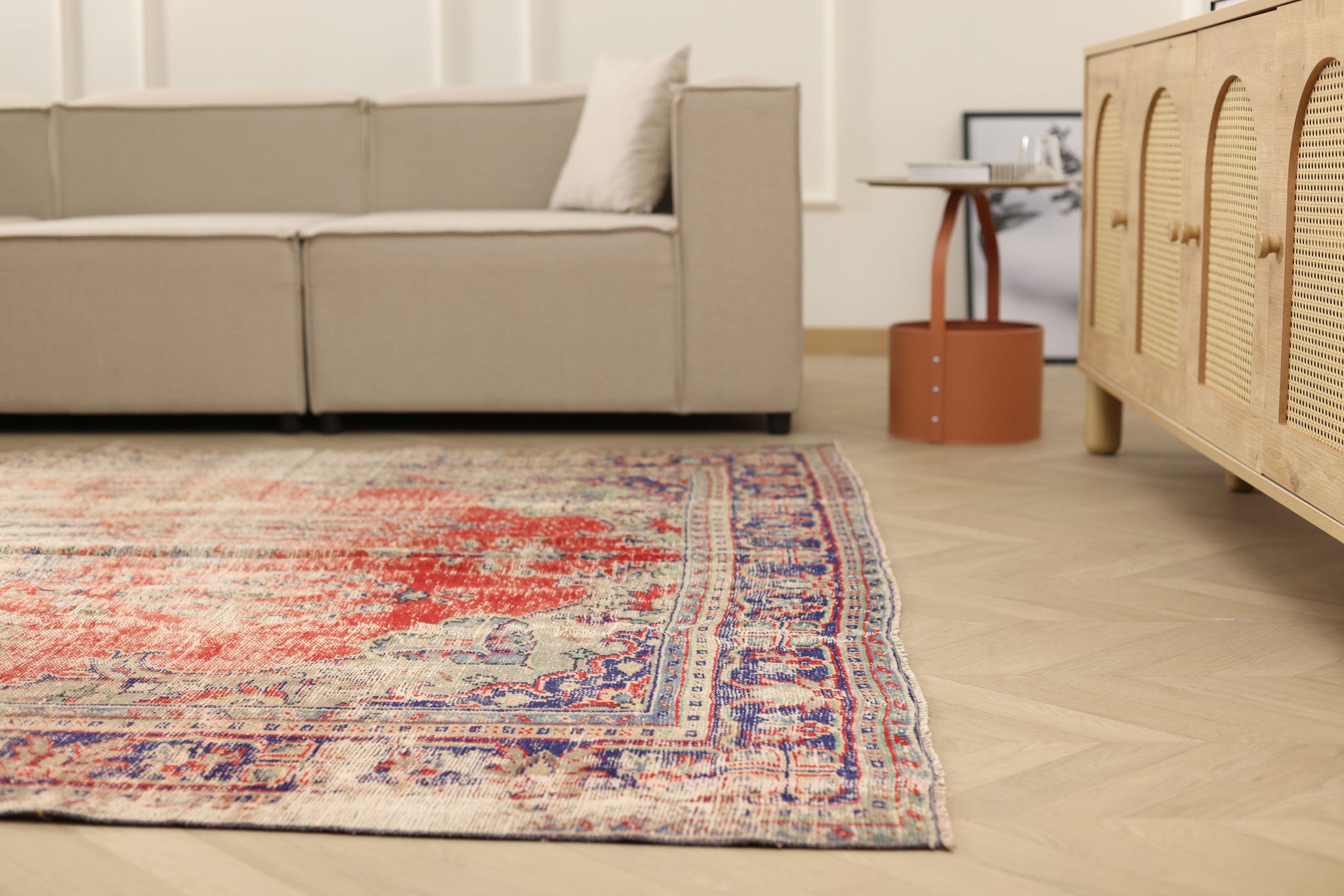 Vintage Manisa Turkish Area Rug 7x9 ft — Red Floral