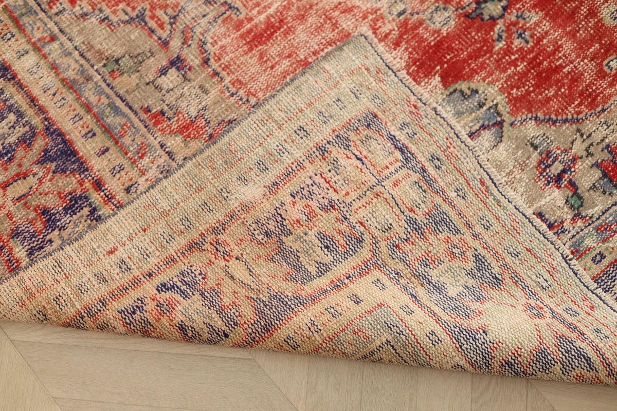 Vintage Manisa Turkish Area Rug 7x9 ft — Red Floral