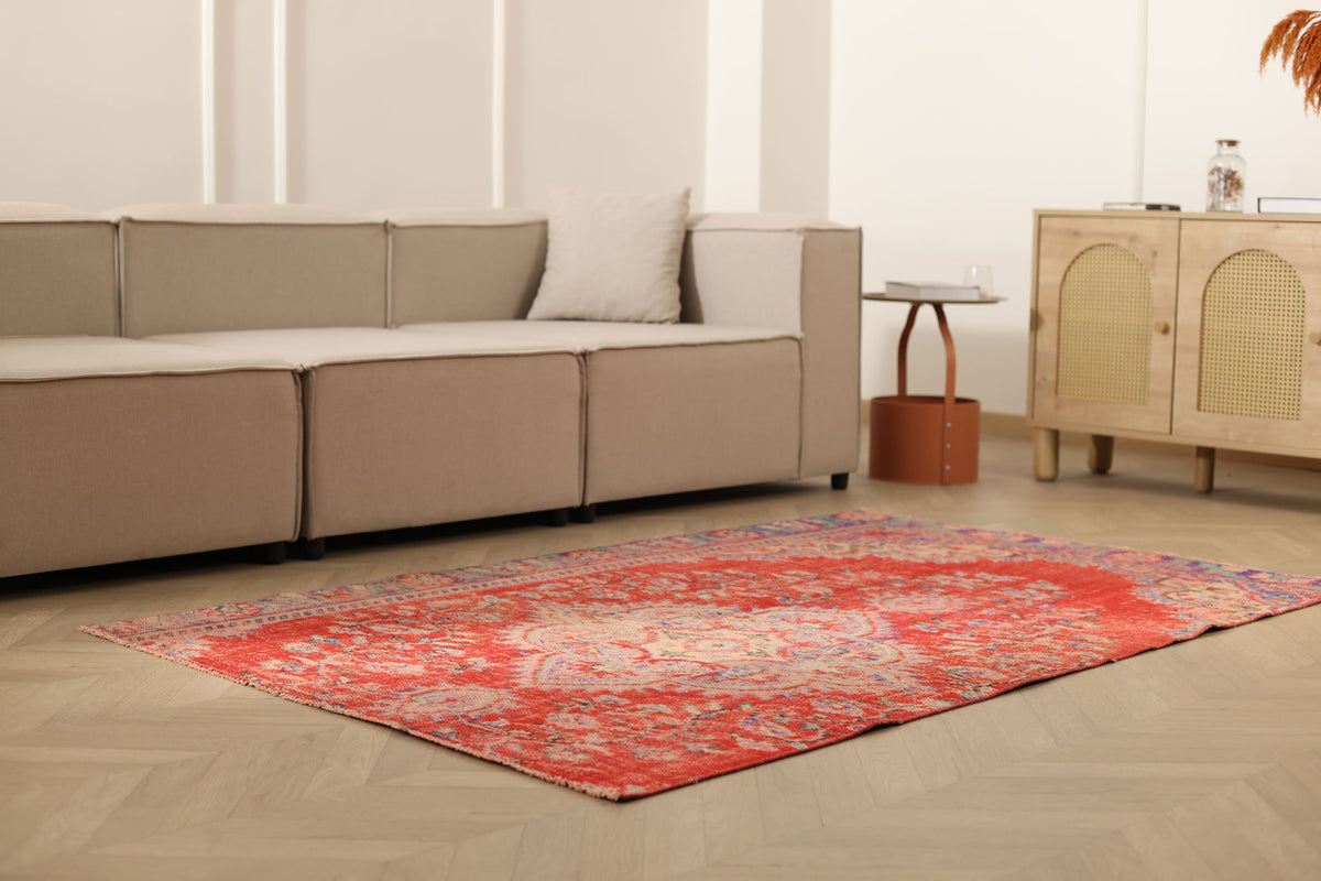 Vintage Manisa Turkish Area Rug 4x6 ft — Red Floral