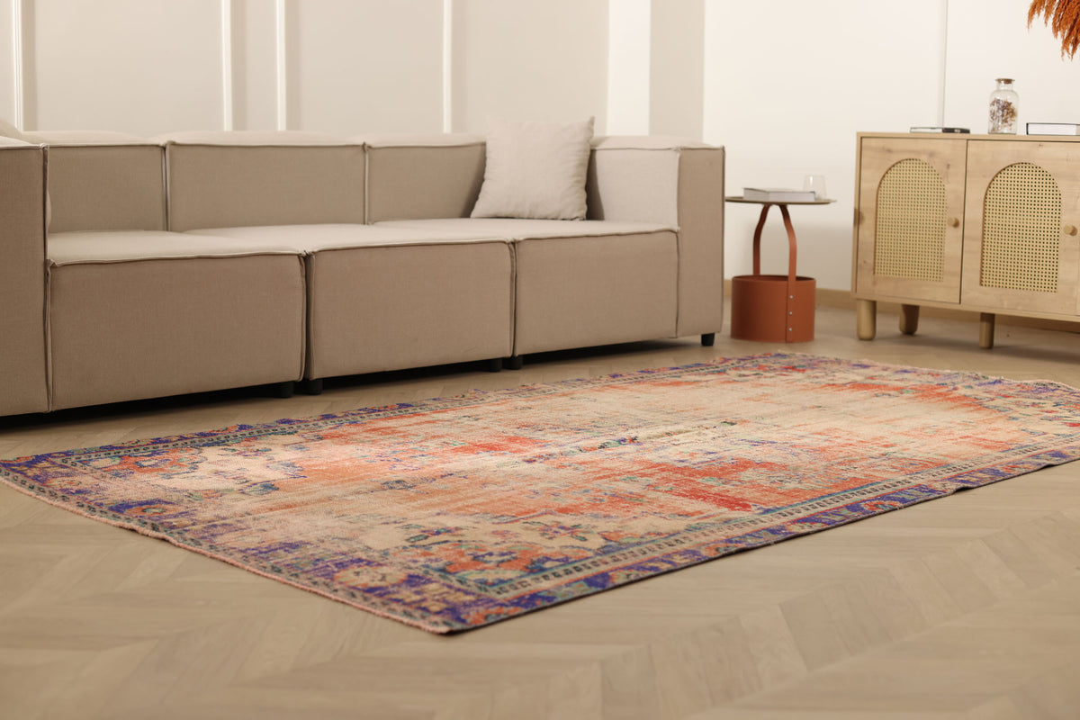 Vintage Manisa Turkish Area Rug 5x9 ft — Orange Floral (No. 57726)
