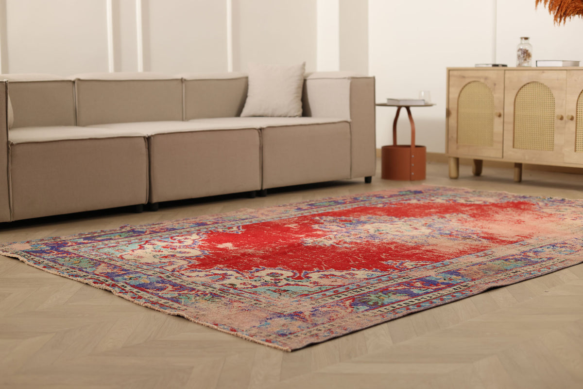 Vintage Manisa Turkish Area Rug 6x9 ft — Red Floral (No. 57733)