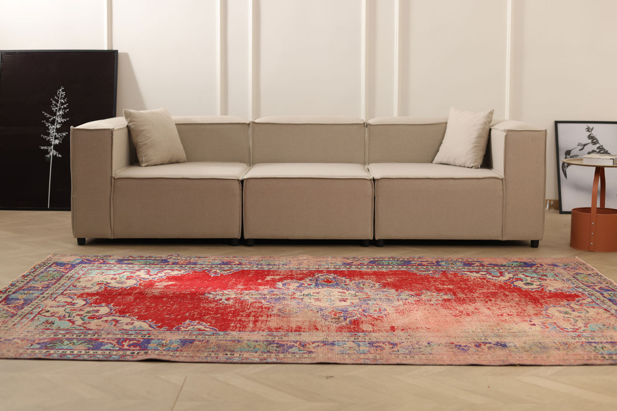 Vintage Manisa Turkish Area Rug 6x9 ft — Red Floral (No. 57733)