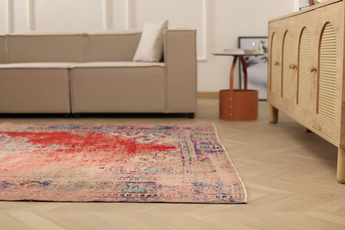Vintage Manisa Turkish Area Rug 6x9 ft — Red Floral (No. 57733)