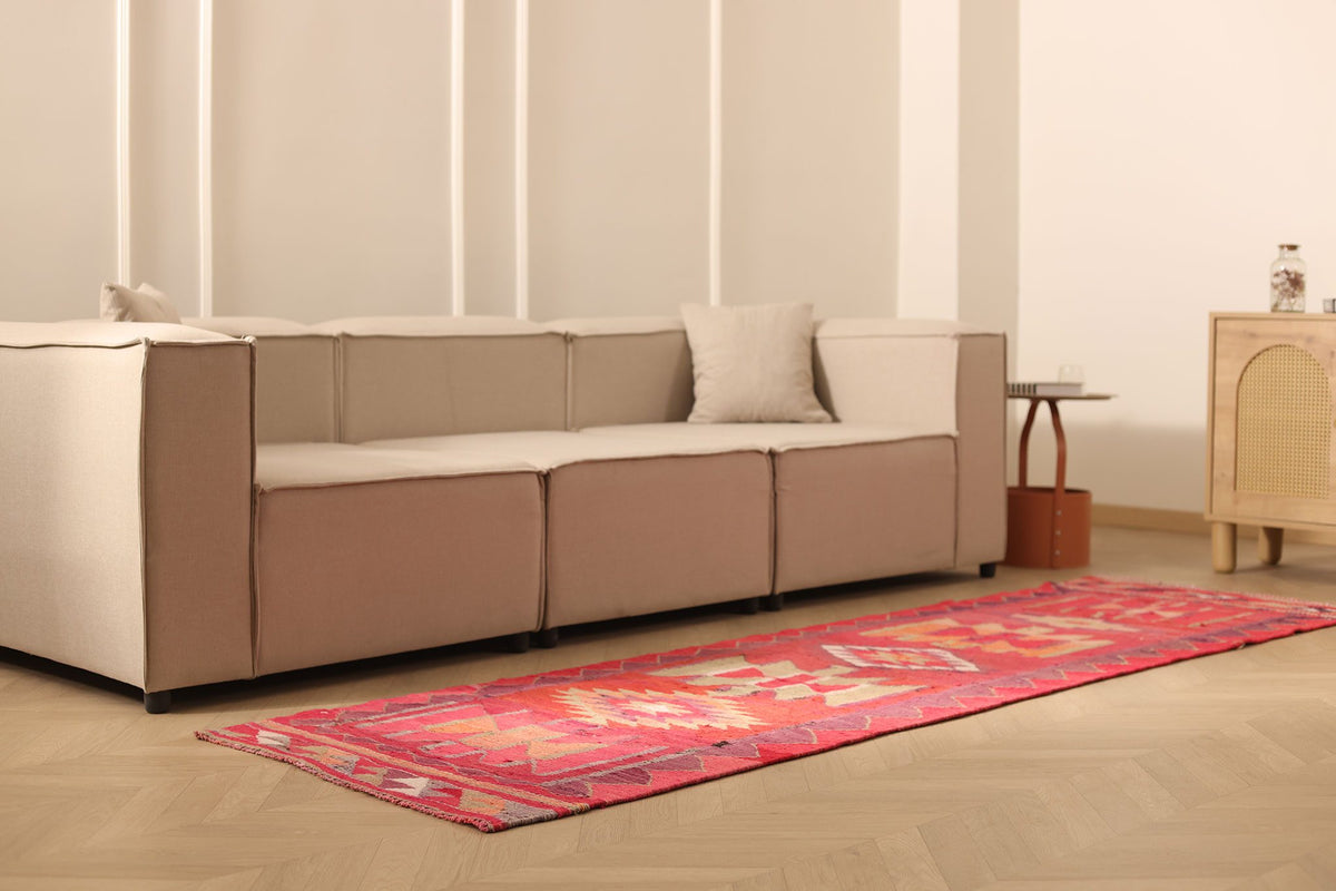Vintage Southeastern Persian Style Kilim Runner Rug 3x9 ft — Red & Orange Geometric