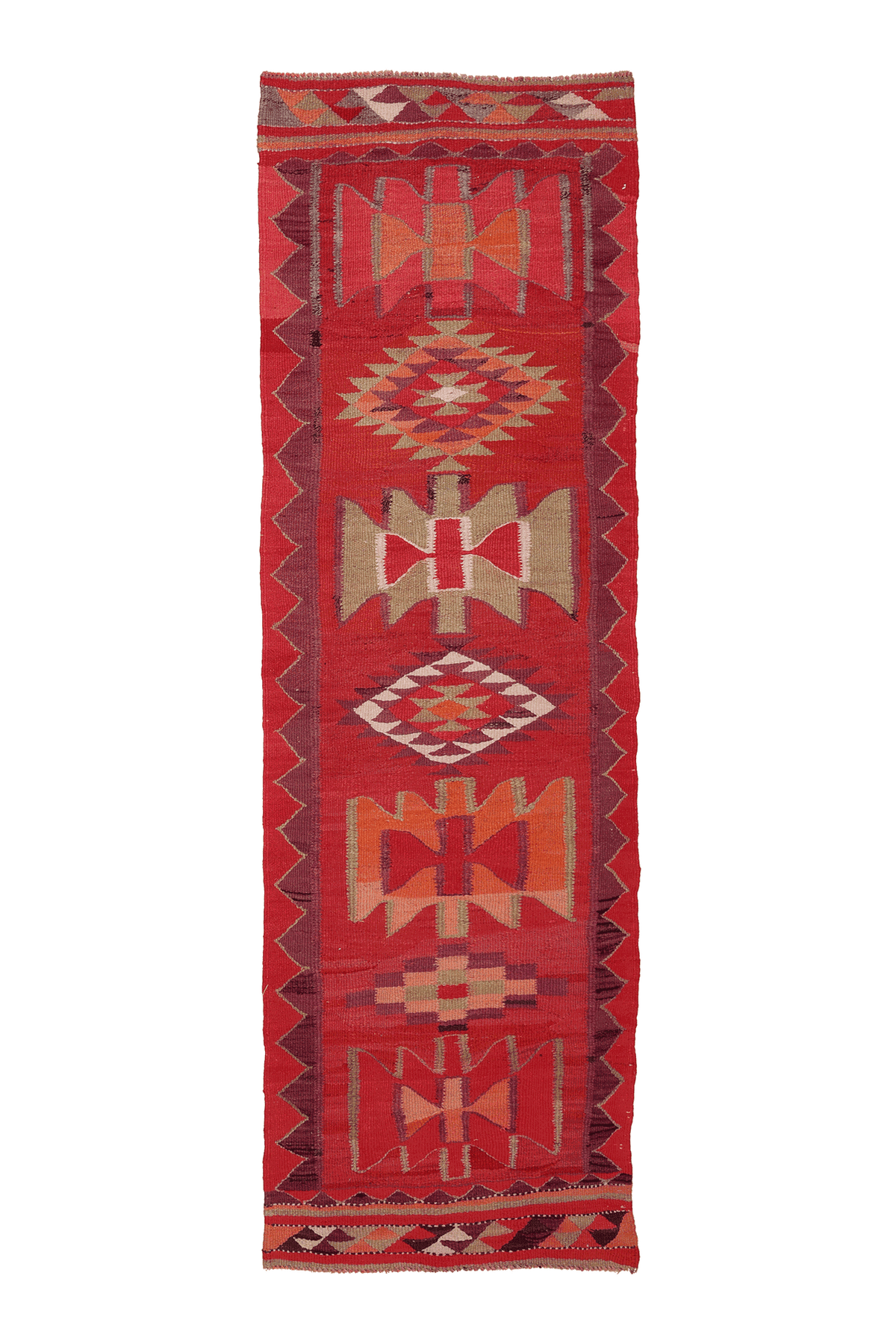 Vintage Southeastern Persian Style Kilim Runner Rug 3x9 ft — Red & Orange Geometric