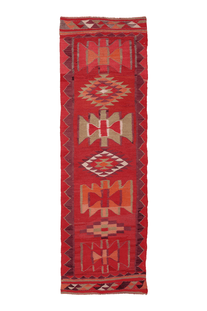 Vintage Southeastern Persian Style Kilim Runner Rug 3x9 ft — Red & Orange Geometric