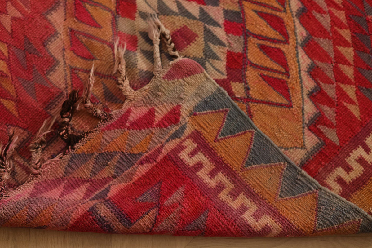Vintage Southeastern Persian Style Kilim Runner Rug 3x11 ft — Red & Orange Geometric