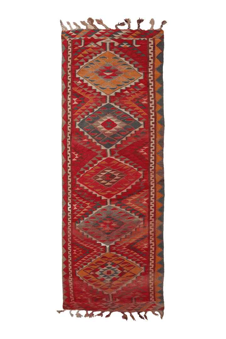 Vintage Southeastern Persian Style Kilim Runner Rug 3x11 ft — Red & Orange Geometric
