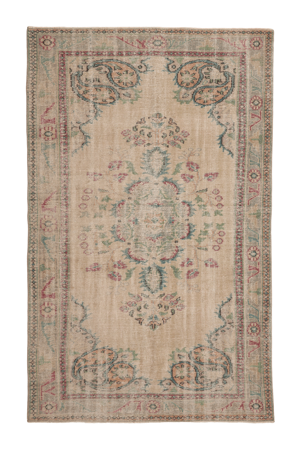 Vintage Manisa Turkish Area Rug 5x9 ft — Beige Floral (No. 57785)