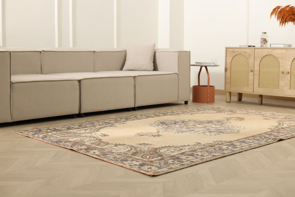 Vintage Manisa Turkish Area Rug 5x8 ft — Beige & Brown Floral (No. 57790)