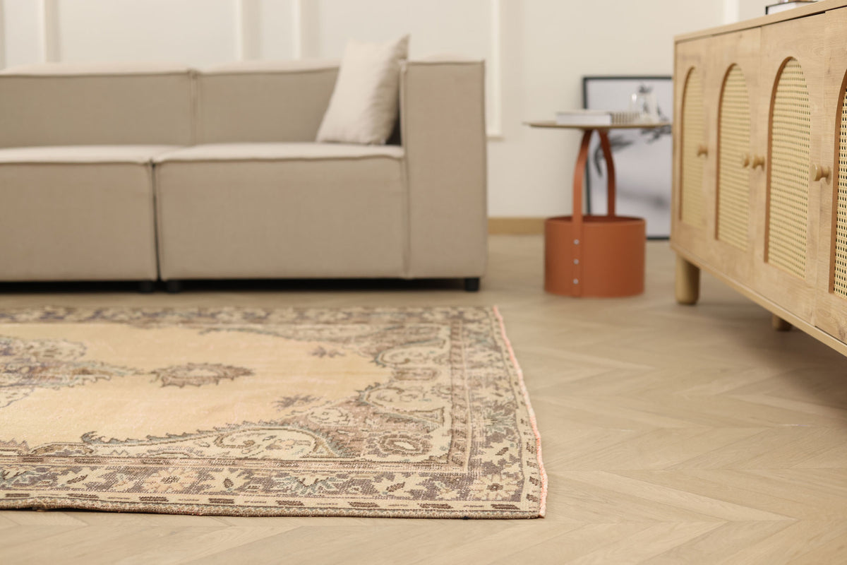Vintage Manisa Turkish Area Rug 5x8 ft — Beige & Brown Floral (No. 57790)