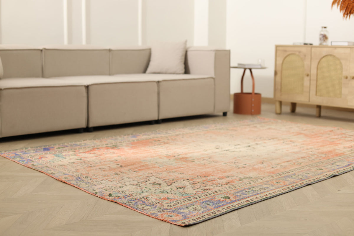 Vintage Manisa Turkish Area Rug 6x9 ft — Orange Floral (No. 57792)