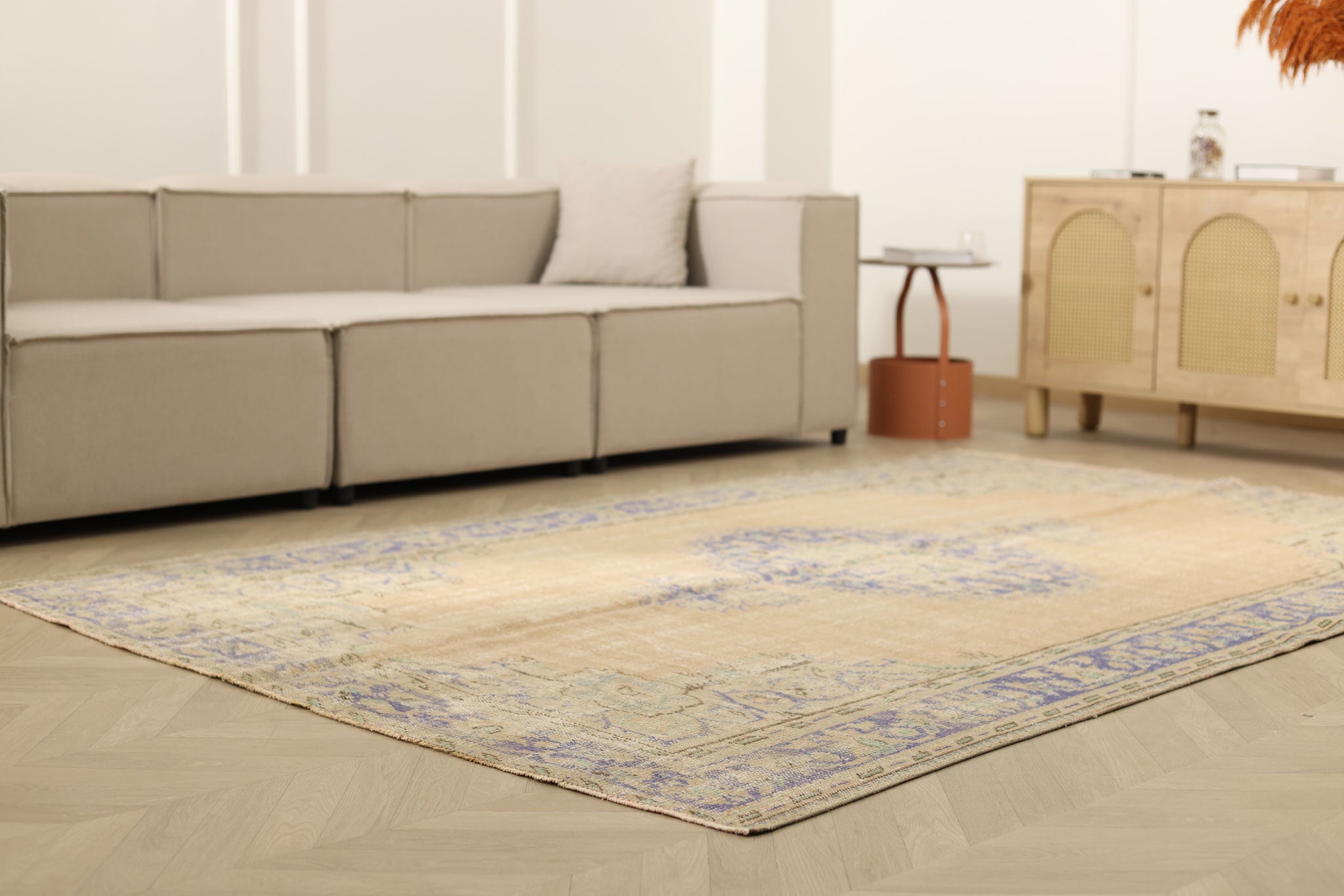 Vintage Manisa Turkish Area Rug 6x9 ft — Beige Floral (No. 57793)
