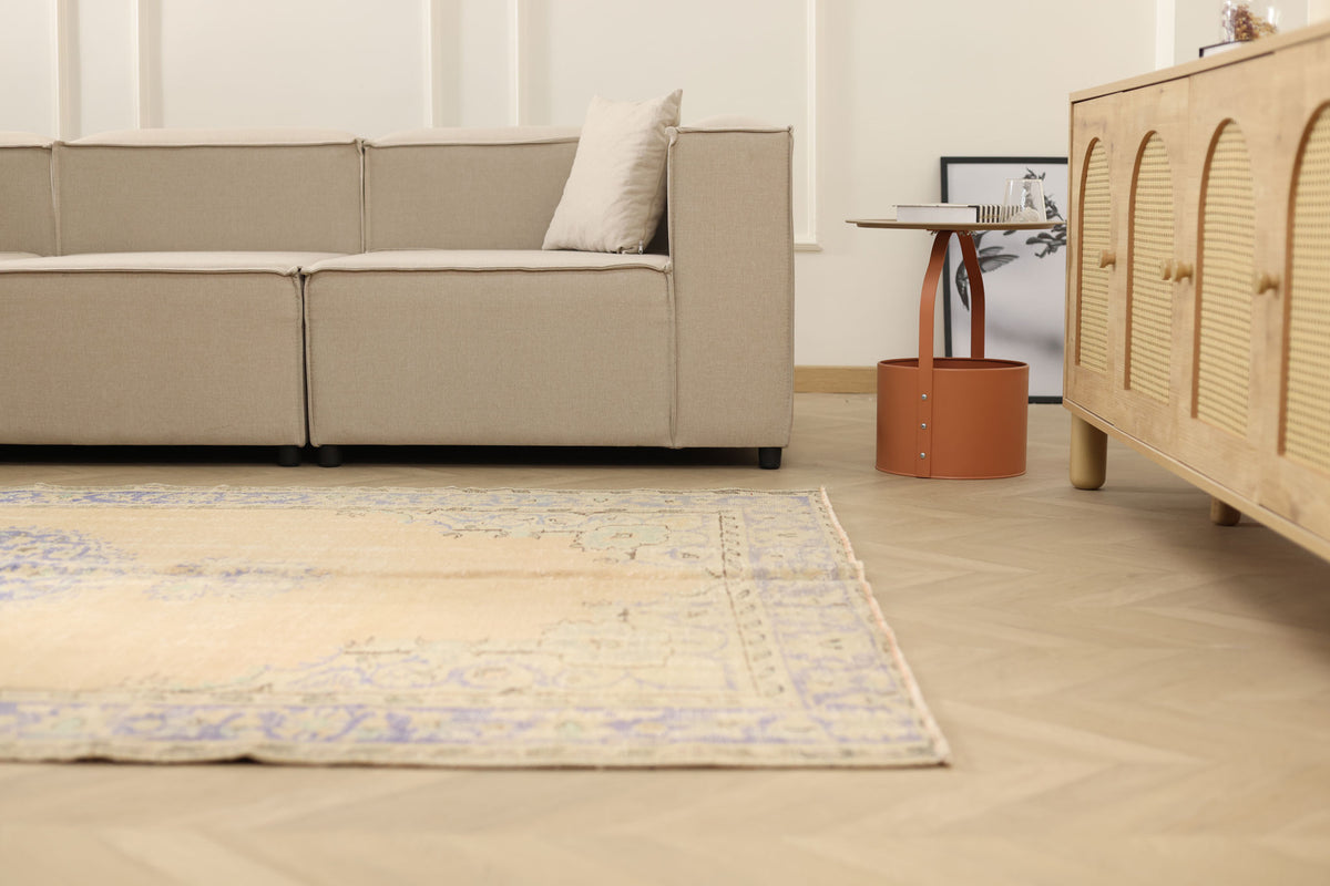 Vintage Manisa Turkish Area Rug 6x9 ft — Beige Floral (No. 57793)