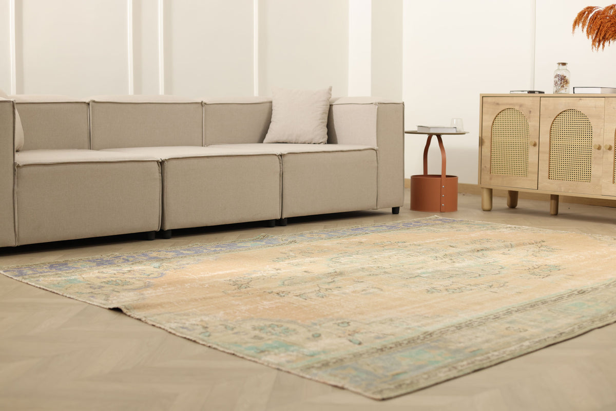 Vintage Manisa Turkish Area Rug 7x9 ft — Beige Floral