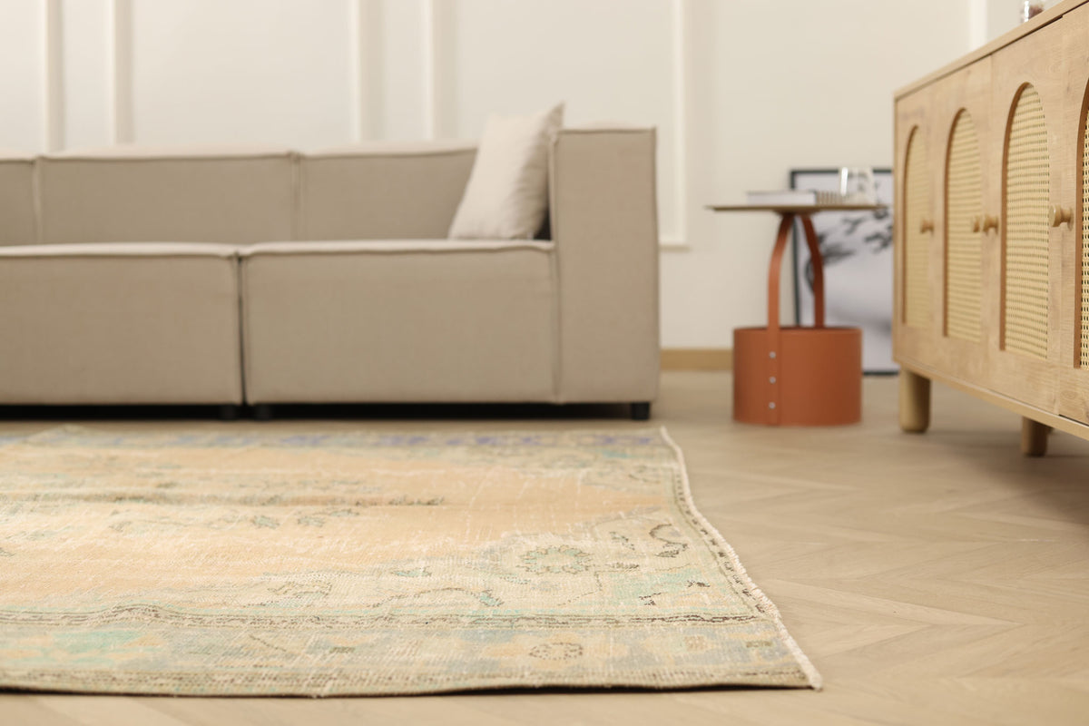 Vintage Manisa Turkish Area Rug 7x9 ft — Beige Floral