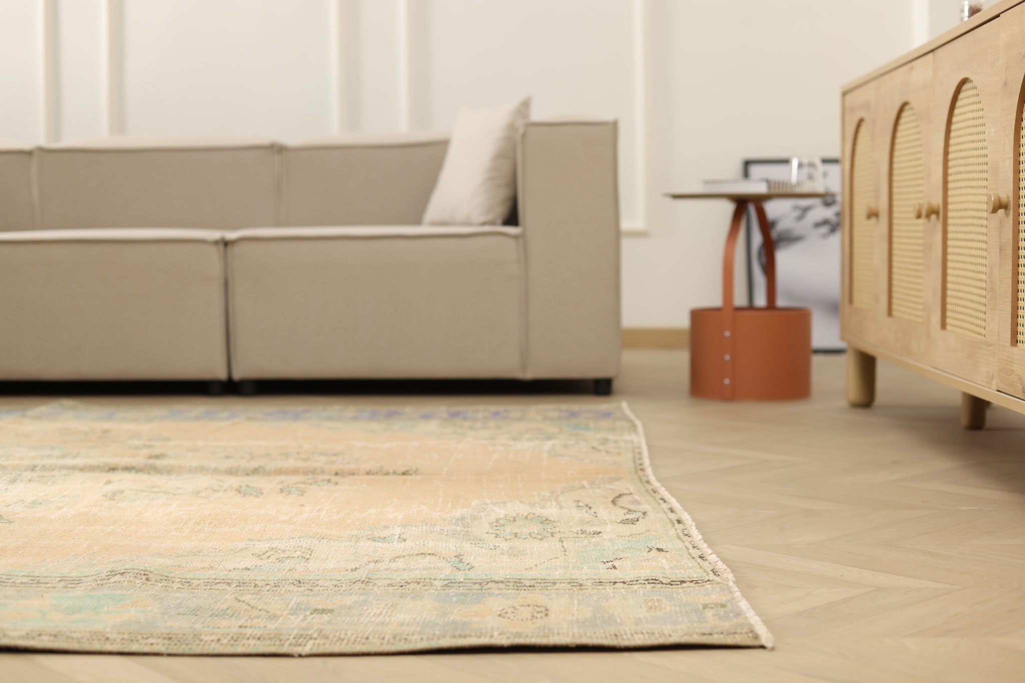 Vintage Manisa Turkish Area Rug 7x9 ft — Beige Floral