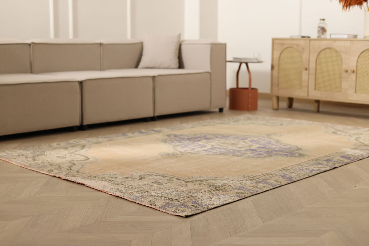 Vintage Manisa Turkish Area Rug 5x8 ft — Beige Floral (No. 57796)