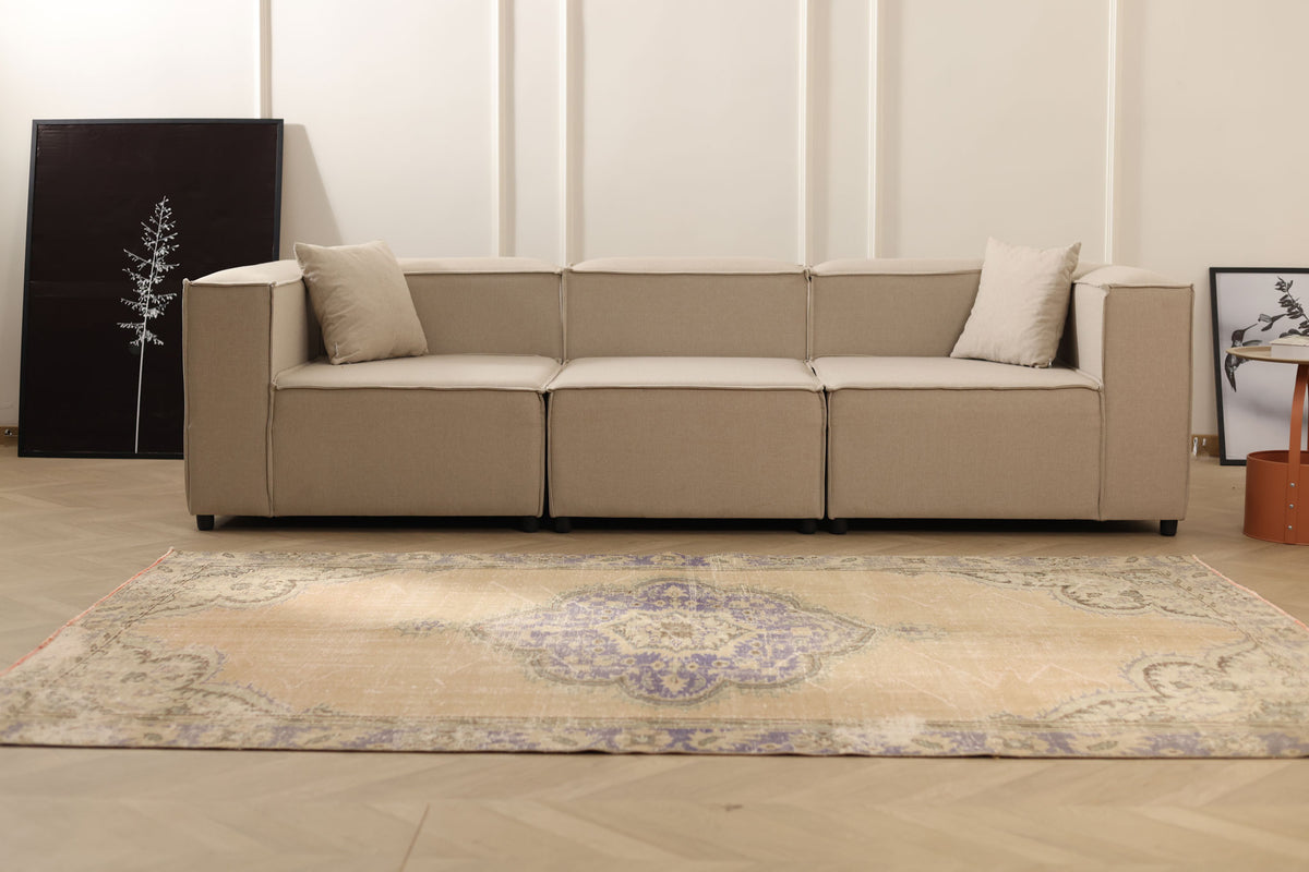 Vintage Manisa Turkish Area Rug 5x8 ft — Beige Floral (No. 57796)