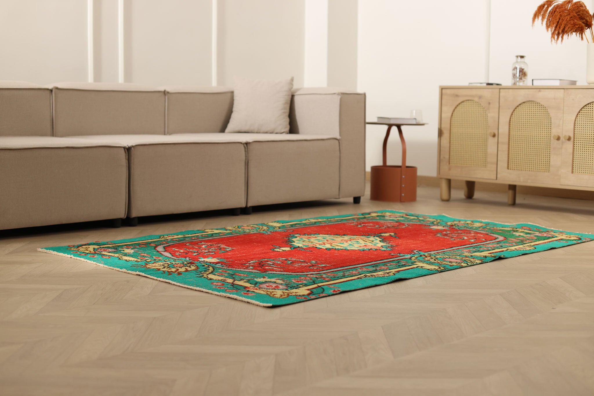 Vintage Manisa Turkish Area Rug 4x7 ft — Red & Blue Floral