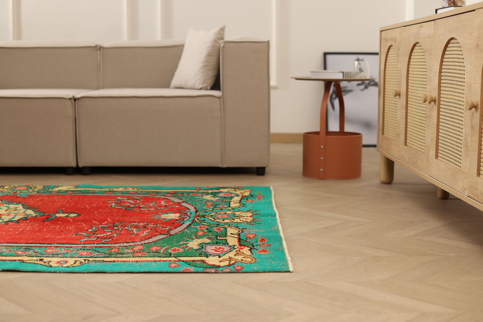 Vintage Manisa Turkish Area Rug 4x7 ft — Red & Blue Floral