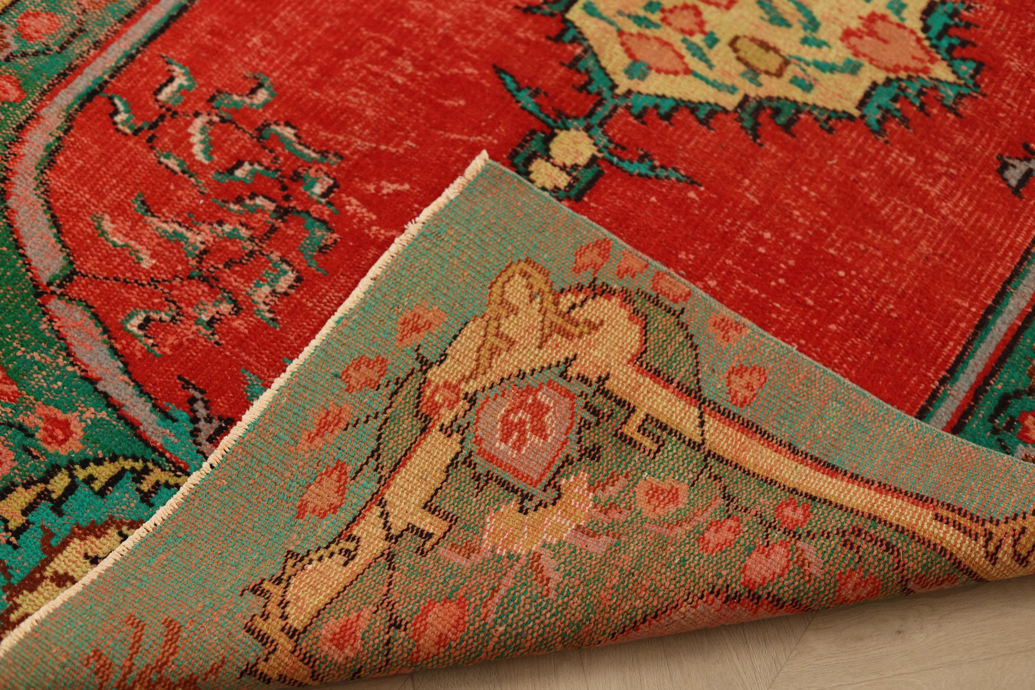 Vintage Manisa Turkish Area Rug 4x7 ft — Red & Blue Floral
