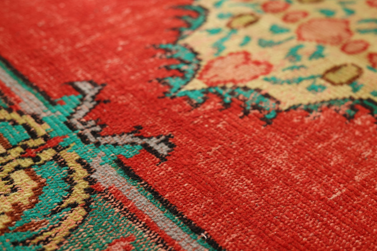 Vintage Manisa Turkish Area Rug 4x7 ft — Red & Blue Floral