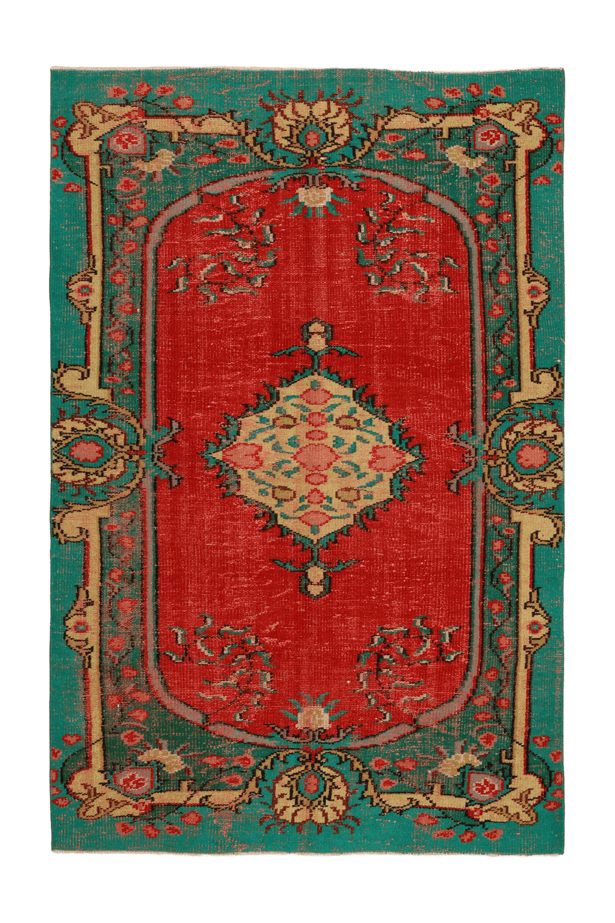 Vintage Manisa Turkish Area Rug 4x7 ft — Red & Blue Floral