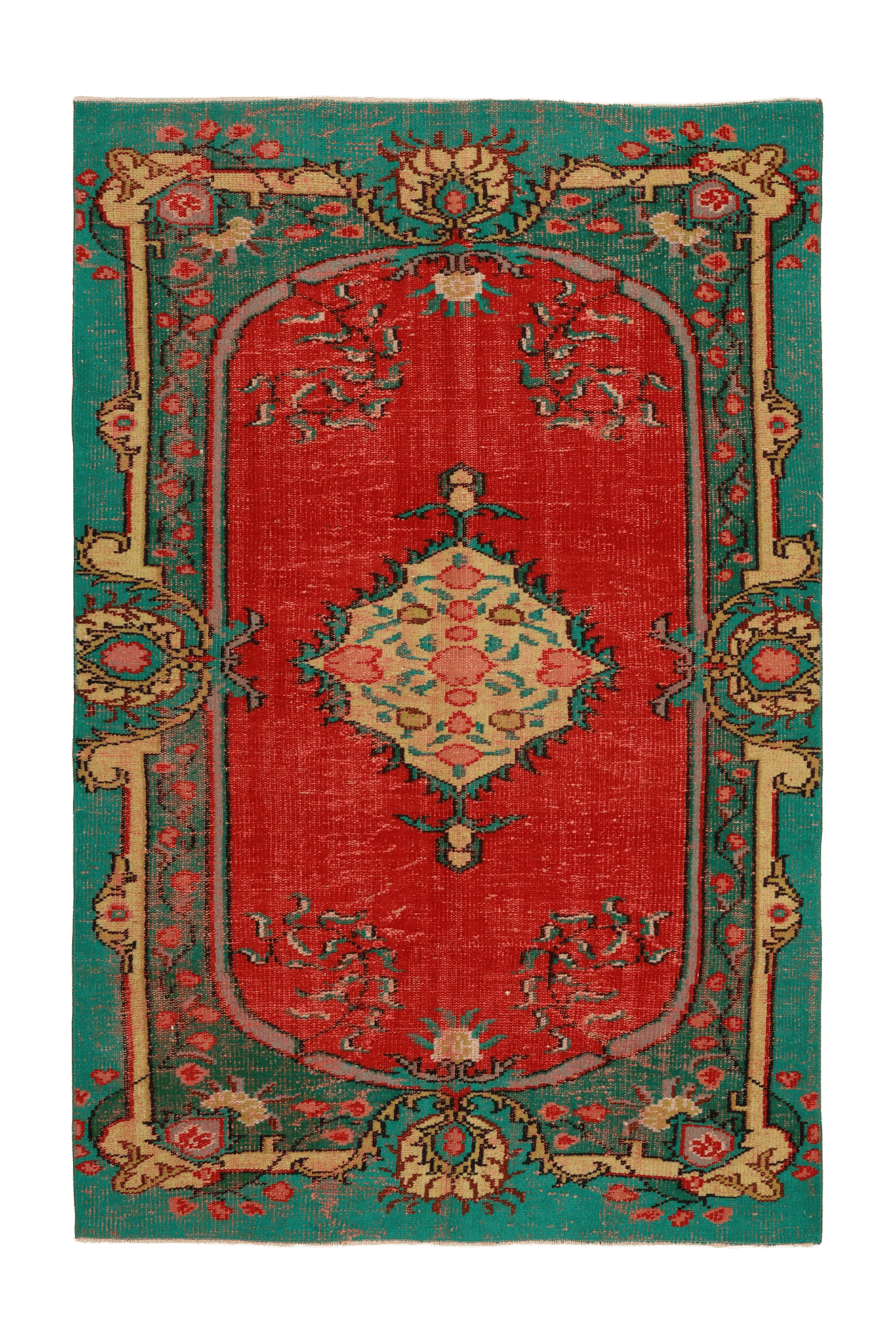 Vintage Manisa Turkish Area Rug 4x7 ft — Red & Blue Floral