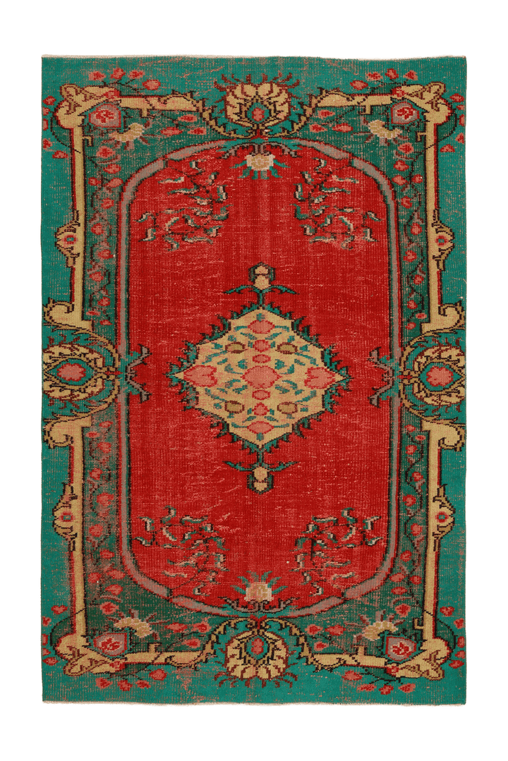 Vintage Manisa Turkish Area Rug 4x7 ft — Red & Blue Floral