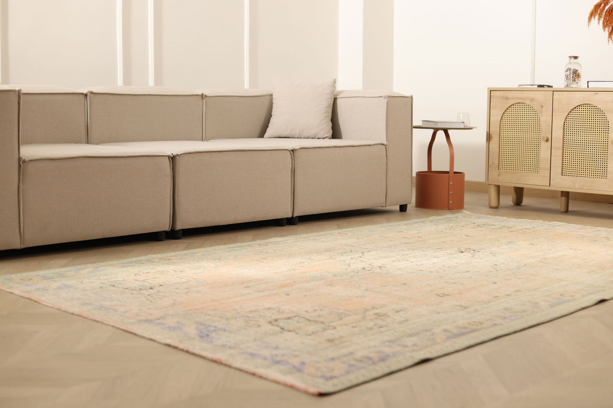 Vintage Manisa Turkish Area Rug 5x9 ft — Beige Distressed (No. 57803)