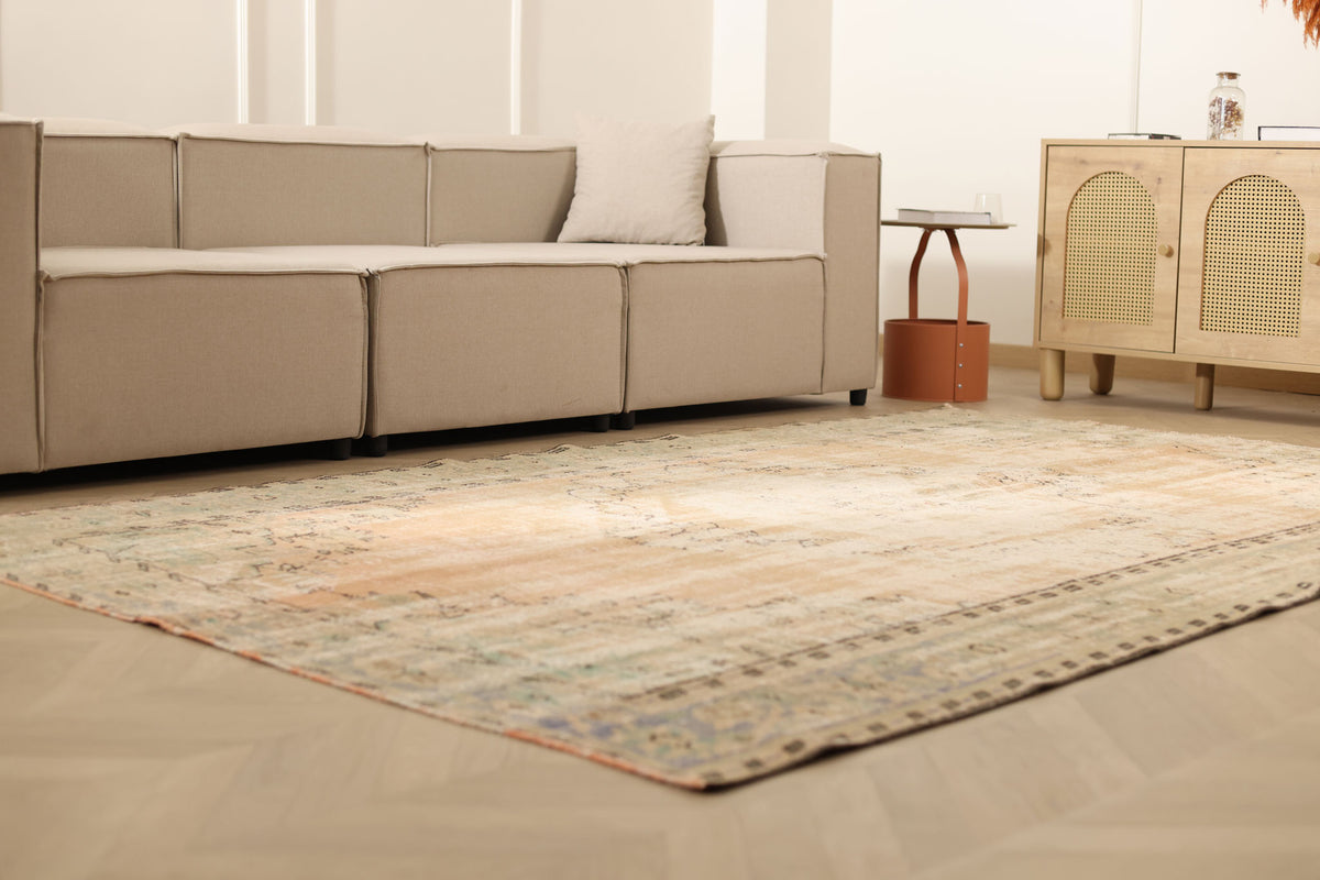 Vintage Manisa Turkish Area Rug 6x9 ft — Beige Distressed (No. 57804)