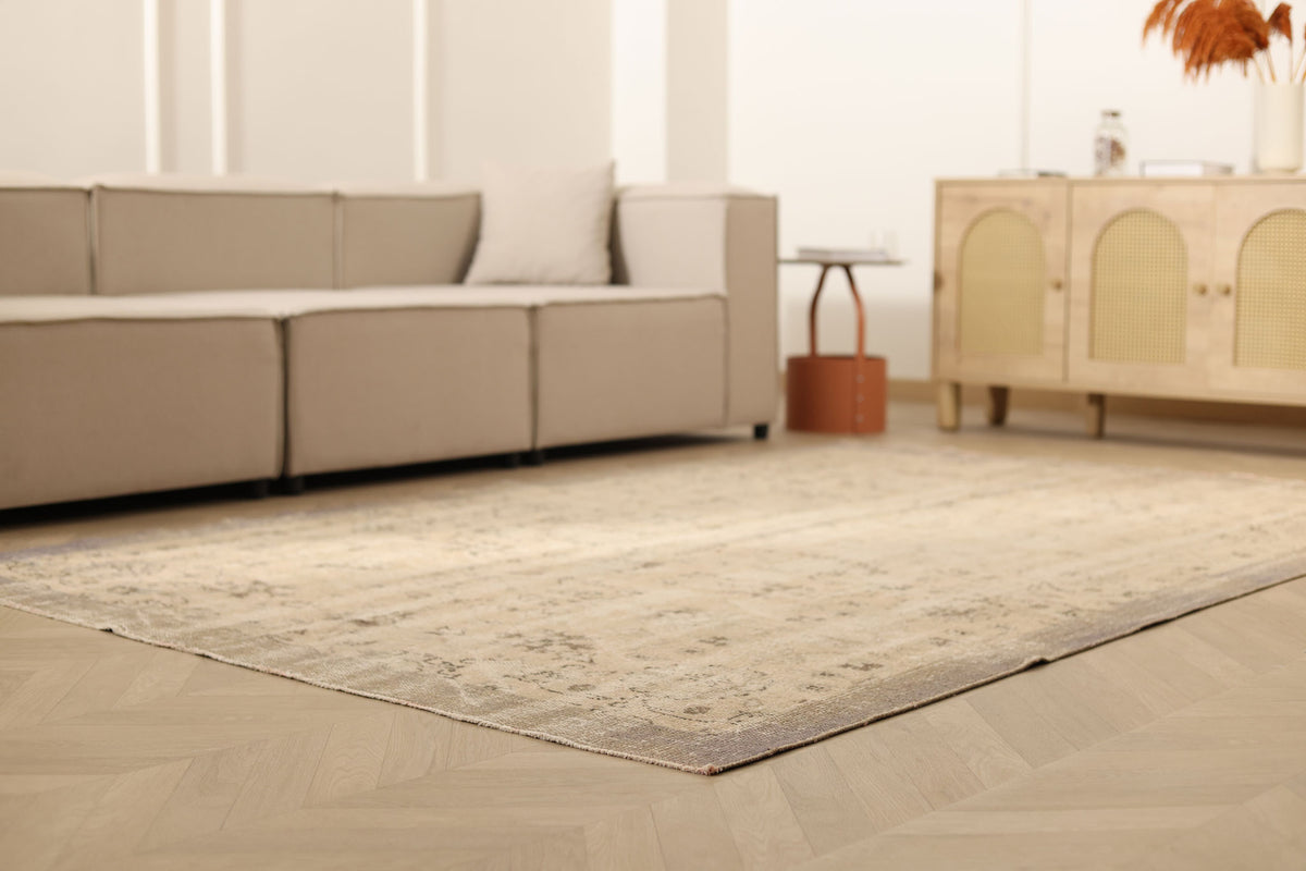 Vintage Manisa Turkish Area Rug 6x9 ft — Beige & Brown Distressed (No. 57810)