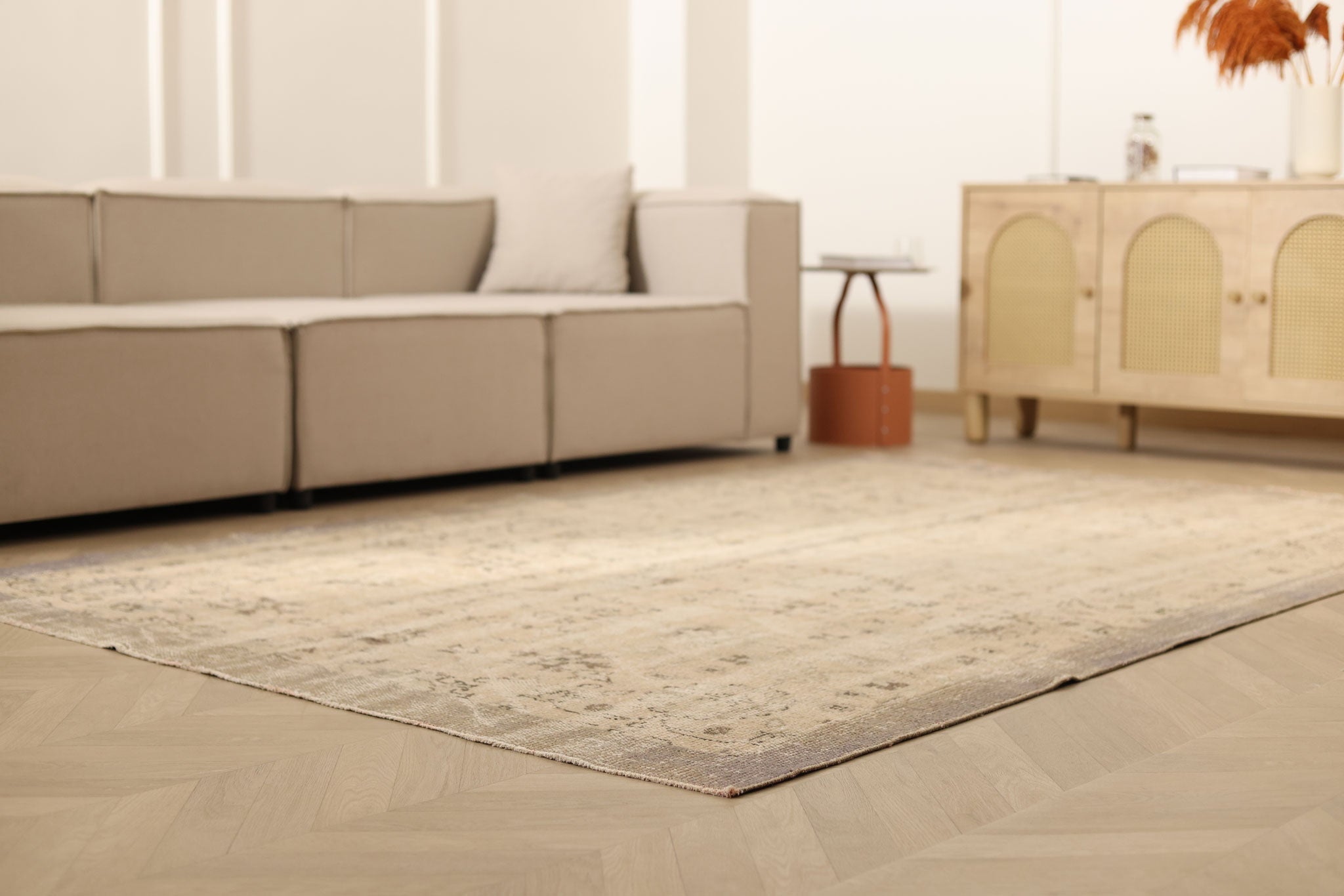 Vintage Manisa Turkish Area Rug 6x9 ft — Beige & Brown Distressed (No. 57810)
