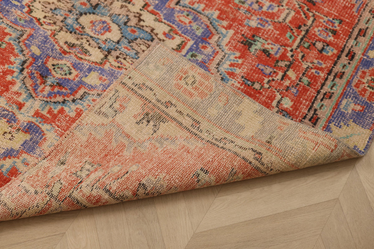 Vintage Manisa Turkish Area Rug 5x6 ft — Red & Blue Floral