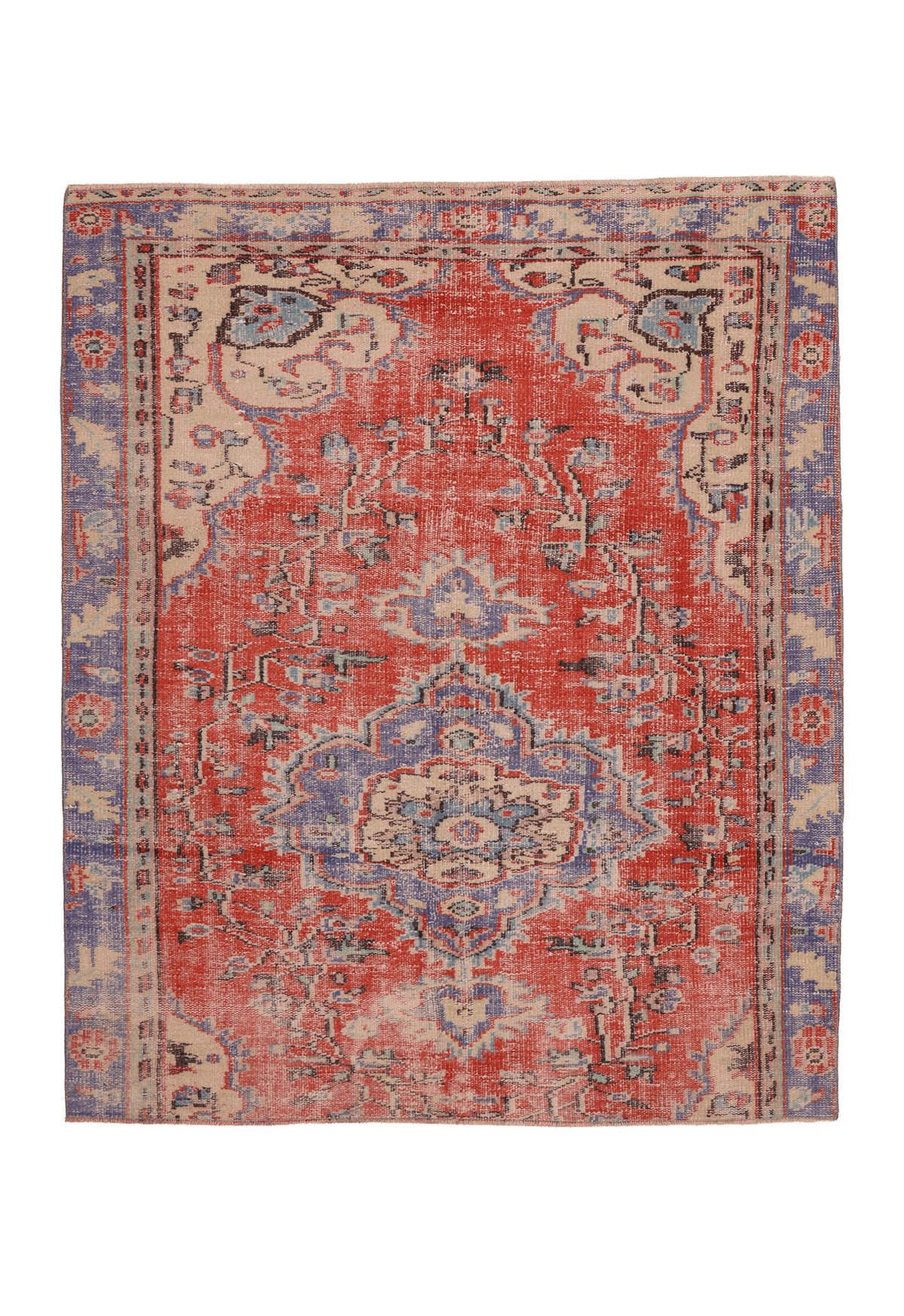Vintage Manisa Turkish Area Rug 5x6 ft — Red & Blue Floral