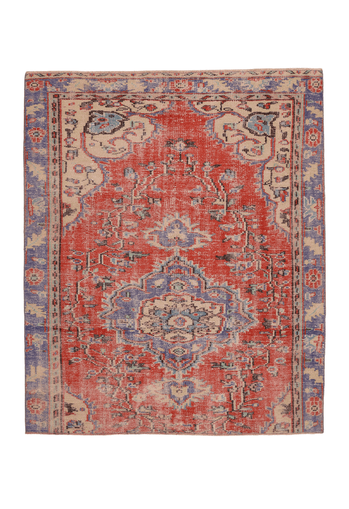 Vintage Manisa Turkish Area Rug 5x6 ft — Red & Blue Floral
