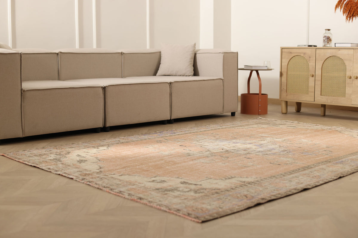 Vintage Manisa Turkish Area Rug 6x9 ft — Orange & Beige floral