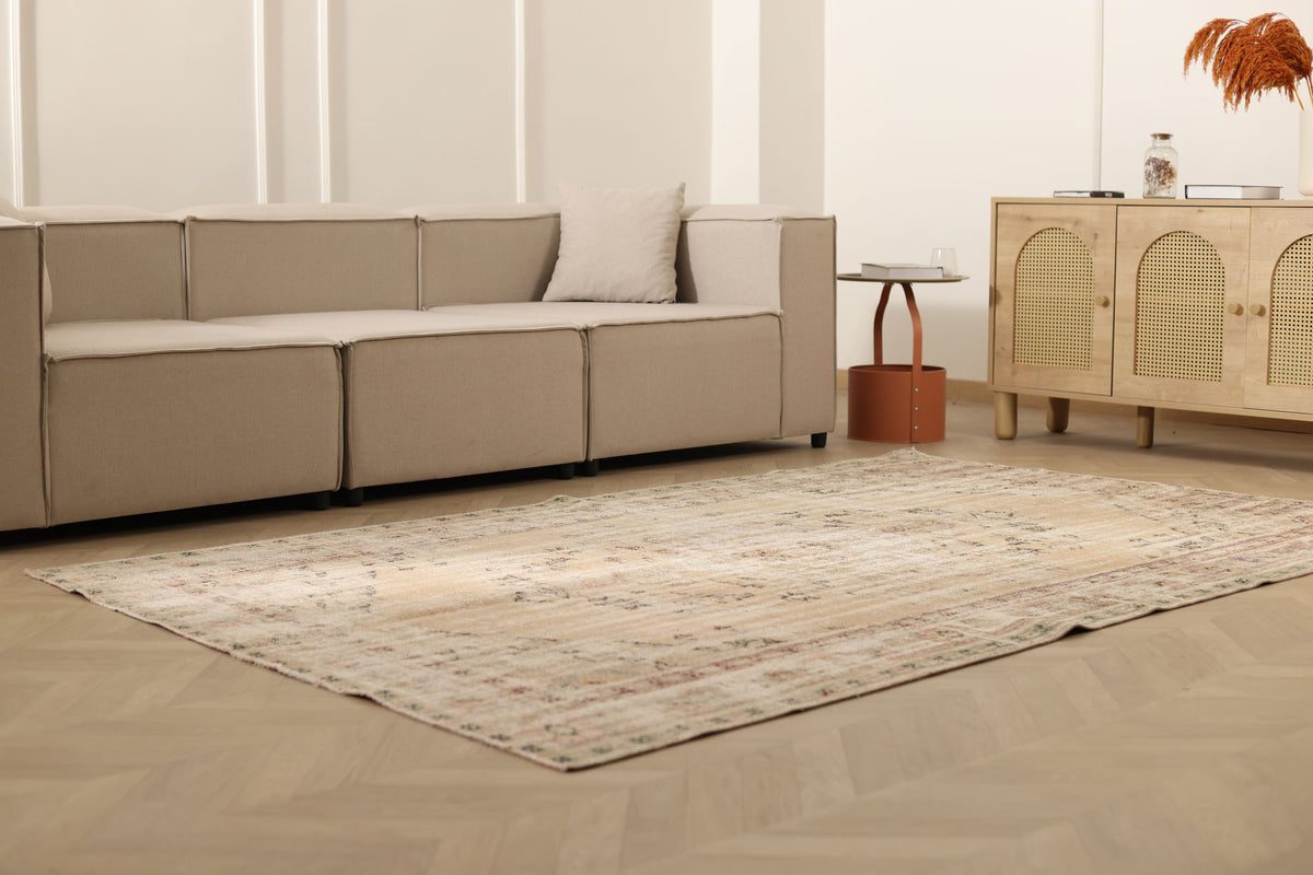 Vintage Manisa Turkish Area Rug 5x8 ft — Beige Distressed