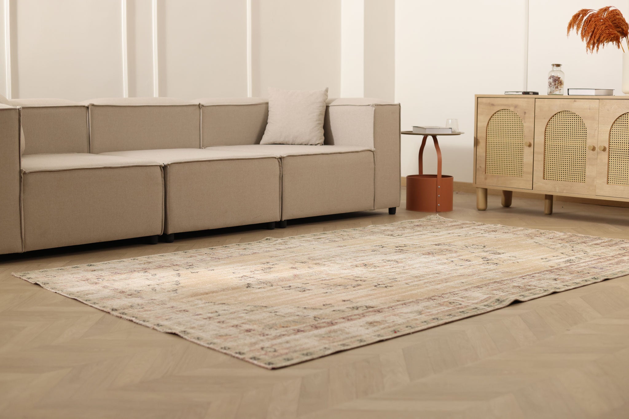 Vintage Manisa Turkish Area Rug 5x8 ft — Beige Distressed