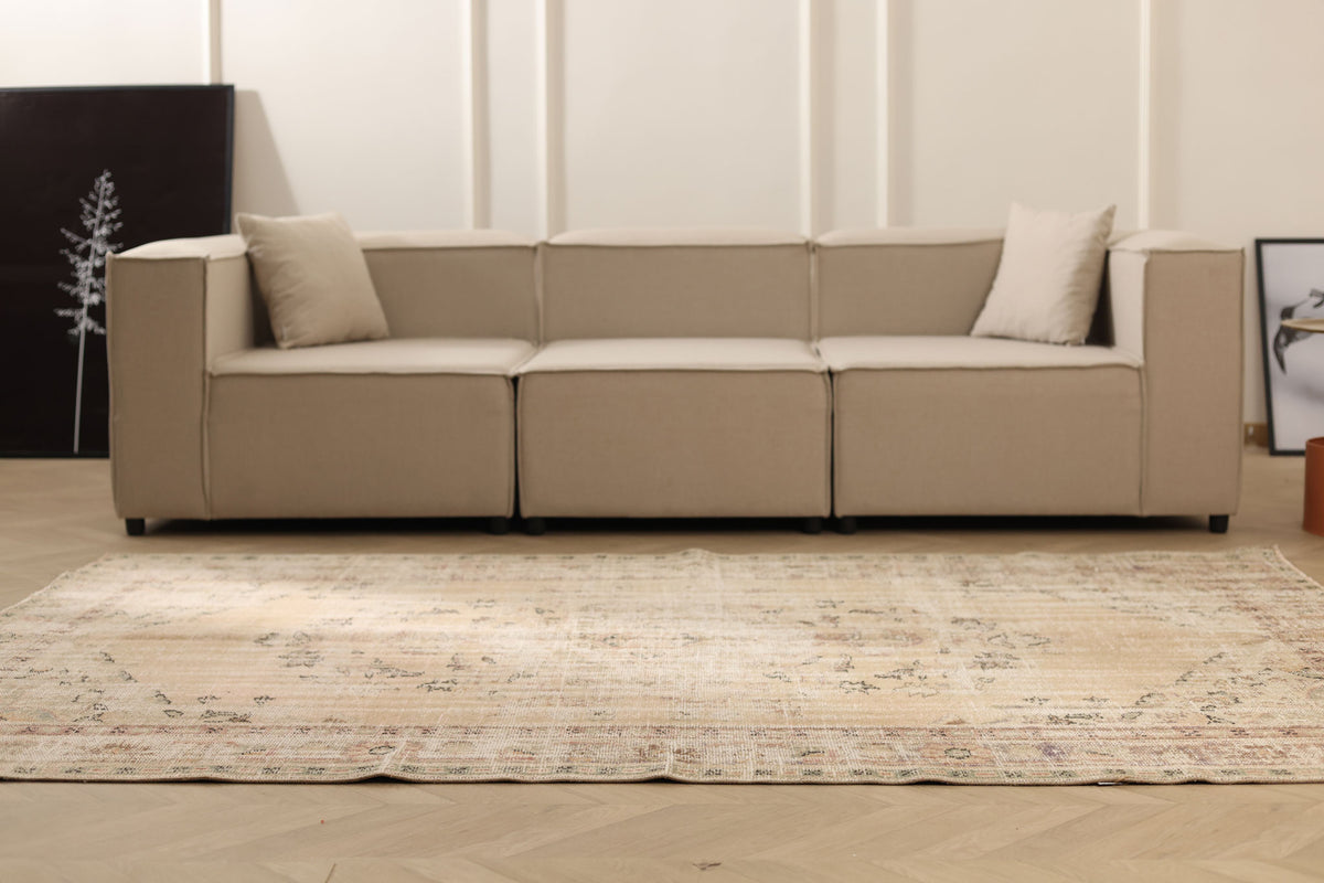 Vintage Manisa Turkish Area Rug 5x8 ft — Beige Distressed